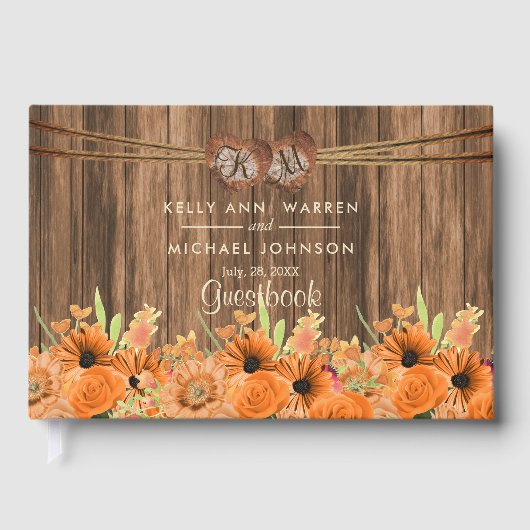 Mooie Oranje Bloemen op Hout - Guestbook Gastenboek (Voorkant)