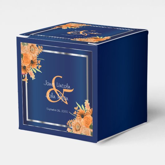 Mooie oranje bloemen op marineblauw bedankdoosjes (Voorkant Zijde)
