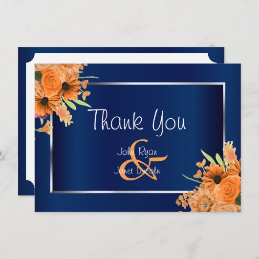 Mooie oranje bloemen op marineblauw - Dank je wel Bedankkaart (Voorkant / Achterkant)