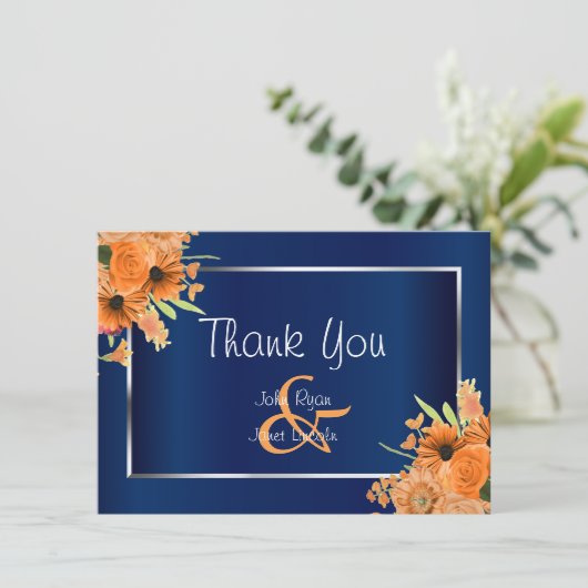 Mooie oranje bloemen op marineblauw - Dank je wel Bedankkaart (Staand voorkant)