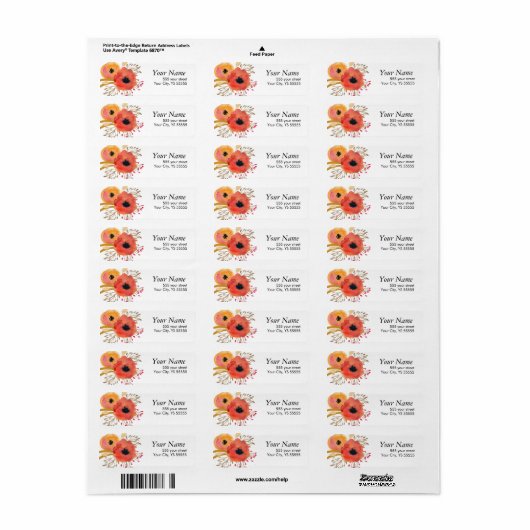Mooie Oranje en rode Waterverf bloemen Etiket (Full Sheet)