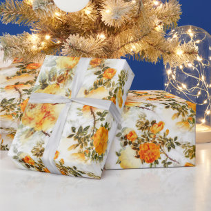 MOOIE ORANJE & GELE BLOEMEN OP WIT INP AKPAPIER CADEAUPAPIER