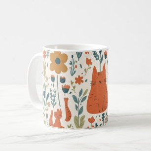 Mooie oranje kat bloemenmok   Scandinavische volks Koffiemok