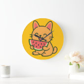 Mooie oranje kat die watermeloen eet muurklok  grote klok (Huis)