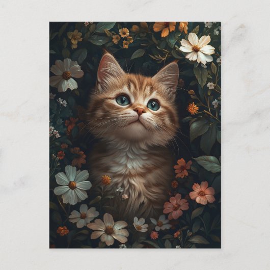 Mooie Oranje kitten met wilde bloemen Briefkaart (Voorkant)