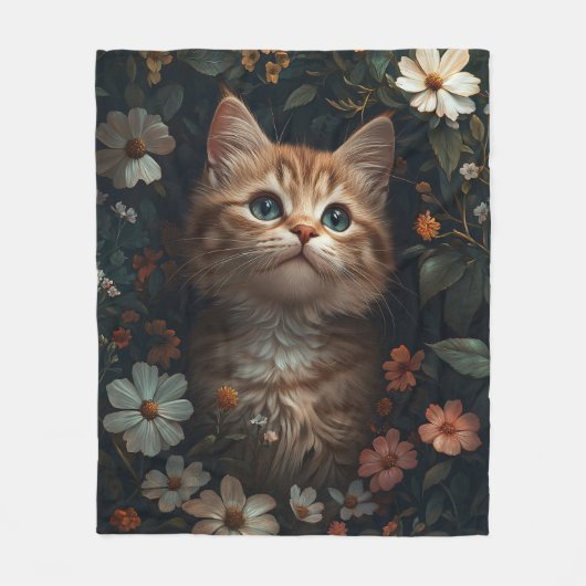 Mooie Oranje kitten met wilde bloemen Fleece Deken (Voorkant)