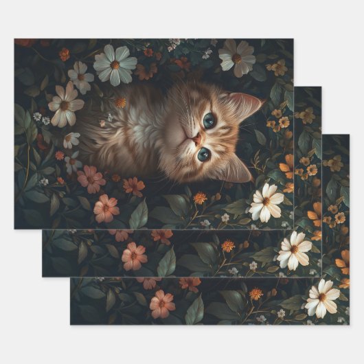 Mooie Oranje Kitten met Wildflowers Decoupage Inpakpapier Vel (Set)