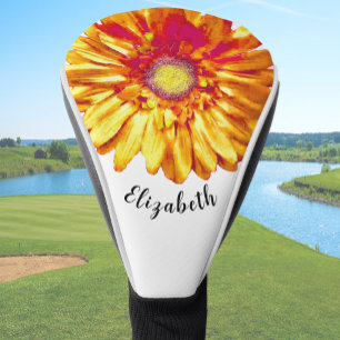Mooie oranje margriet bloem aangepaste naam dames golfheadcover