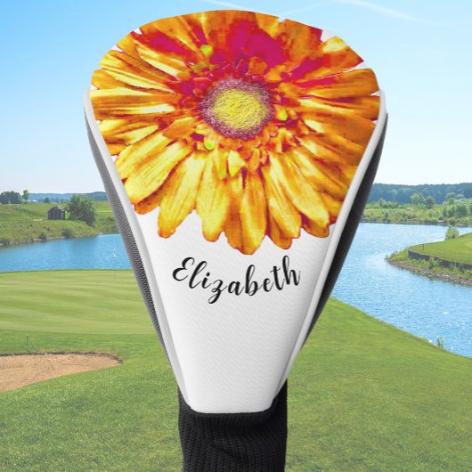 Mooie oranje margriet bloem aangepaste naam dames golfheadcover