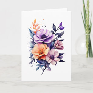 Mooie Oranje Paarse Beige Bloemen Blanco  Kaart