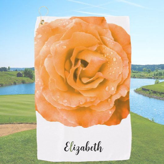 Mooie oranje roos bloem aangepaste naam dames golfhanddoek