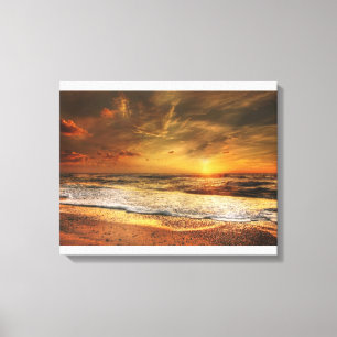 Mooie Oranje Strand Oceaan Zonsondergang Canvaspri Canvas Afdruk