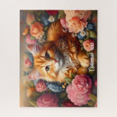 Mooie Oranje Tabby Cat en Flowers Legpuzzel (Verticaal)