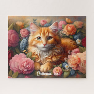 Mooie Oranje Tabby Cat en Flowers Legpuzzel