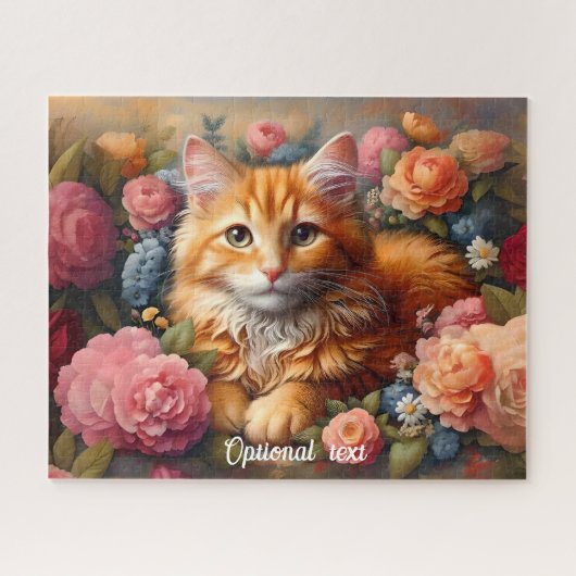 Mooie Oranje Tabby Cat en Flowers Legpuzzel (Horizontaal)