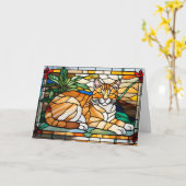 Mooie Oranje Tabby Glas-in-Lood Kaart (Gele Bloem)