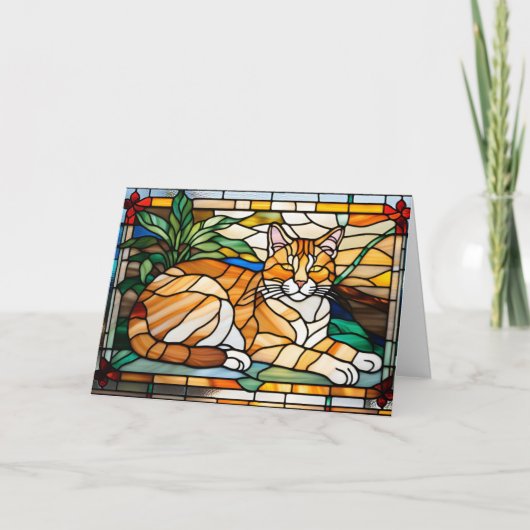 Mooie Oranje Tabby Glas-in-Lood Kaart (Voorkant)