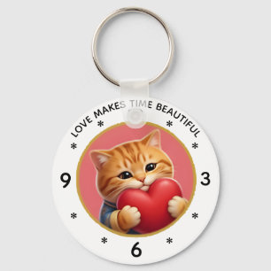 Mooie oranje tabby kat wandklok met liefdescitaat sleutelhanger