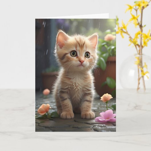 Mooie oranje tabby kat zit tussen bloem blanco kaart (Gele Bloem)