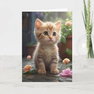 Mooie oranje tabby kat zittend tussen bloemwit kaart