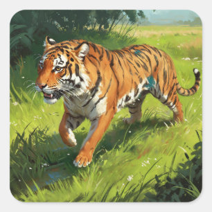 Mooie Oranje Tijger Hardlopen in Oerwoud Vierkante Sticker
