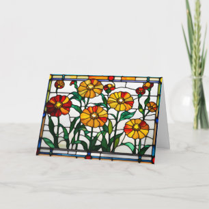 Mooie oranje tuinvloeemen in glas in lood kaart