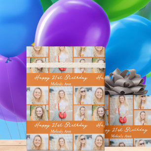 Mooie oranje verjaardagsfotocollage op maat cadeaupapier
