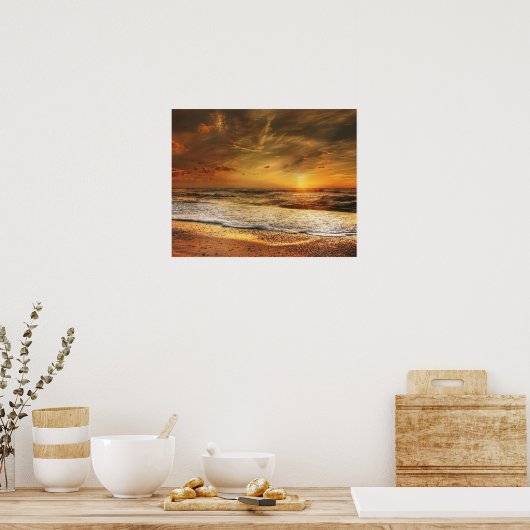 Mooie Oranje zonsondergang op het strand Poster (Keuken)