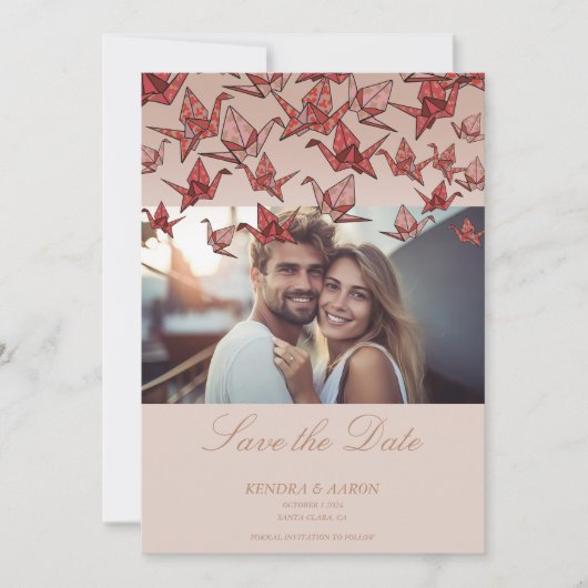 Mooie Origami Papier Kraan Foto QR Code Save The Date (Voorkant)