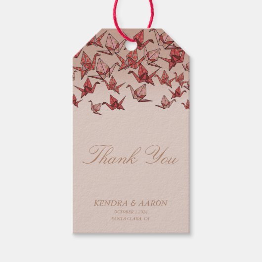 Mooie Origami papier kraan rood dank u Cadeaulabel (Voorkant)