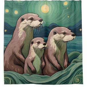 Mooie otterfamilie Van Gogh Stijl Douchegordijn