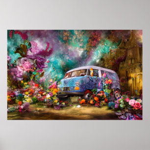 Mooie oude blauwgroen Combi-bus met kleurrijke blo Poster