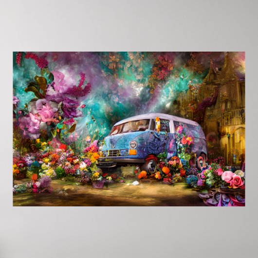 Mooie oude blauwgroen Combi-bus met kleurrijke blo Poster (Voorkant)