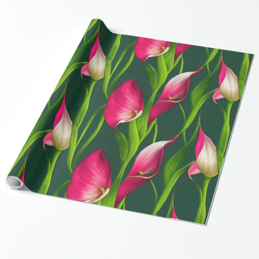 Mooie, oude roze roze en groene Calla Lilly Floral Cadeaupapier (Uitgerold)