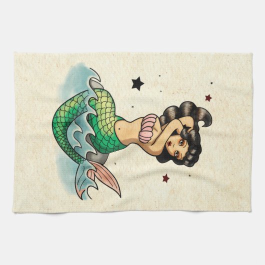 Mooie oude school Zeemeermin Theedoek (Horizontaal)