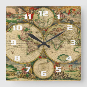 Mooie  oude wereldkaarten vierkante klok