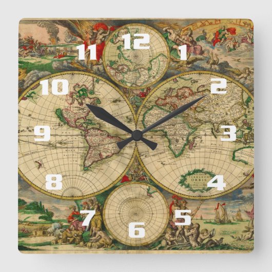 Mooie oude wereldkaarten vierkante klok (Voorkant)