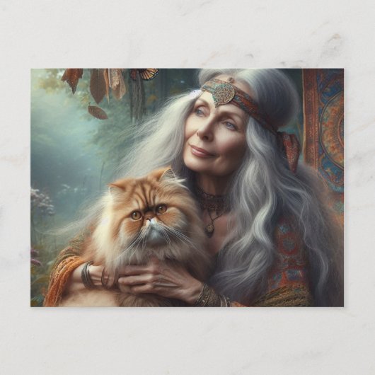Mooie oudere vrouw die haar kat liefdevol vasthoud briefkaart (Voorkant)