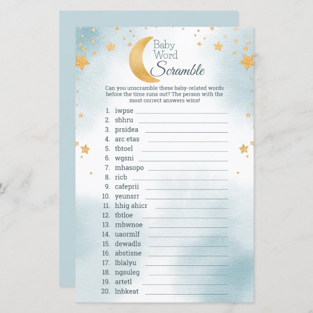 Mooie Over de Maan Baby Shower Woordzoekspel (Voorkant / Achterkant)
