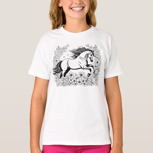 Mooie Paard & Bloemen Verf een T-shirt (Voorkant)