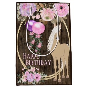 Mooie paard en bloemen op stalhout verjaardag medium cadeauzakje