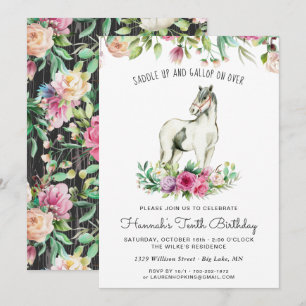 Mooie Paard en Bloemen Rustic Houten Verjaardag Kaart