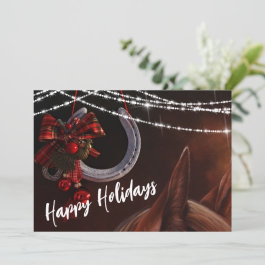 Mooie Paard en Hoefijzer Kerst Platte Kaart (Staand voorkant)