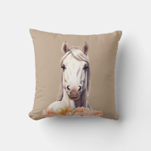 Mooie paard en roze bloemen op beige kussen