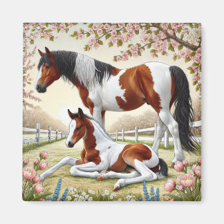Mooie paard en veulen in een bloeiende boomgaard magneet