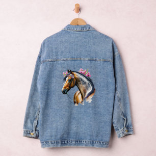 Mooie Paard Zwarte Manen Roze Bloemen Denim Jacket