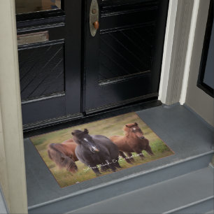 Mooie paarden die grazen in een puin deurmat