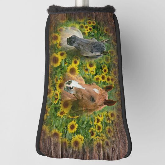 Mooie paarden op het gebied van zonnebloemen golfheadcover (Draai 90)