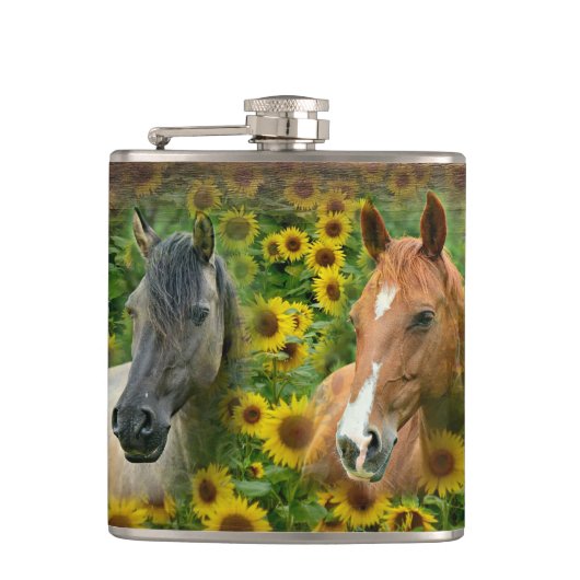 Mooie paarden op het gebied van zonnebloemen heupfles (Voorkant)