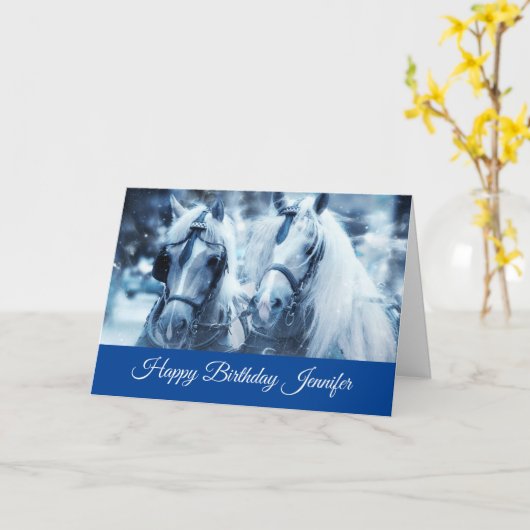 Mooie Paardenteam Winter Foto Verjaardag Kaart (Gele Bloem)